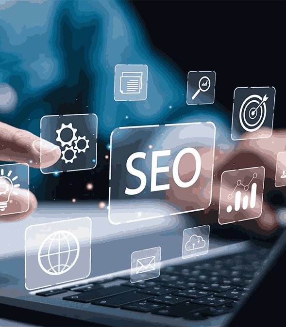 Search engine optimization strategy with analytics and ranking icons