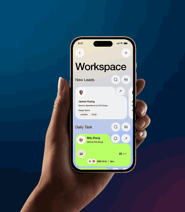 Hand holding smartphone displaying digital marketing workspace with leads and tasks UI