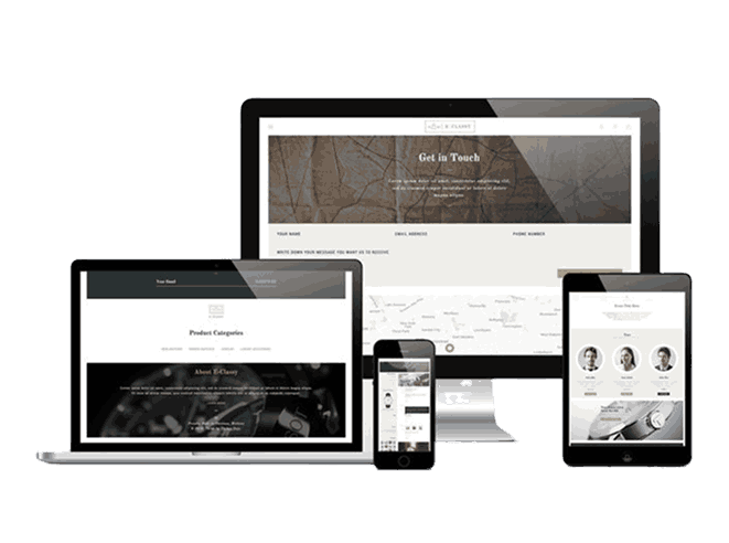 Responsive web development design showcasing a business website across desktop, laptop, tablet, and mobile devices.