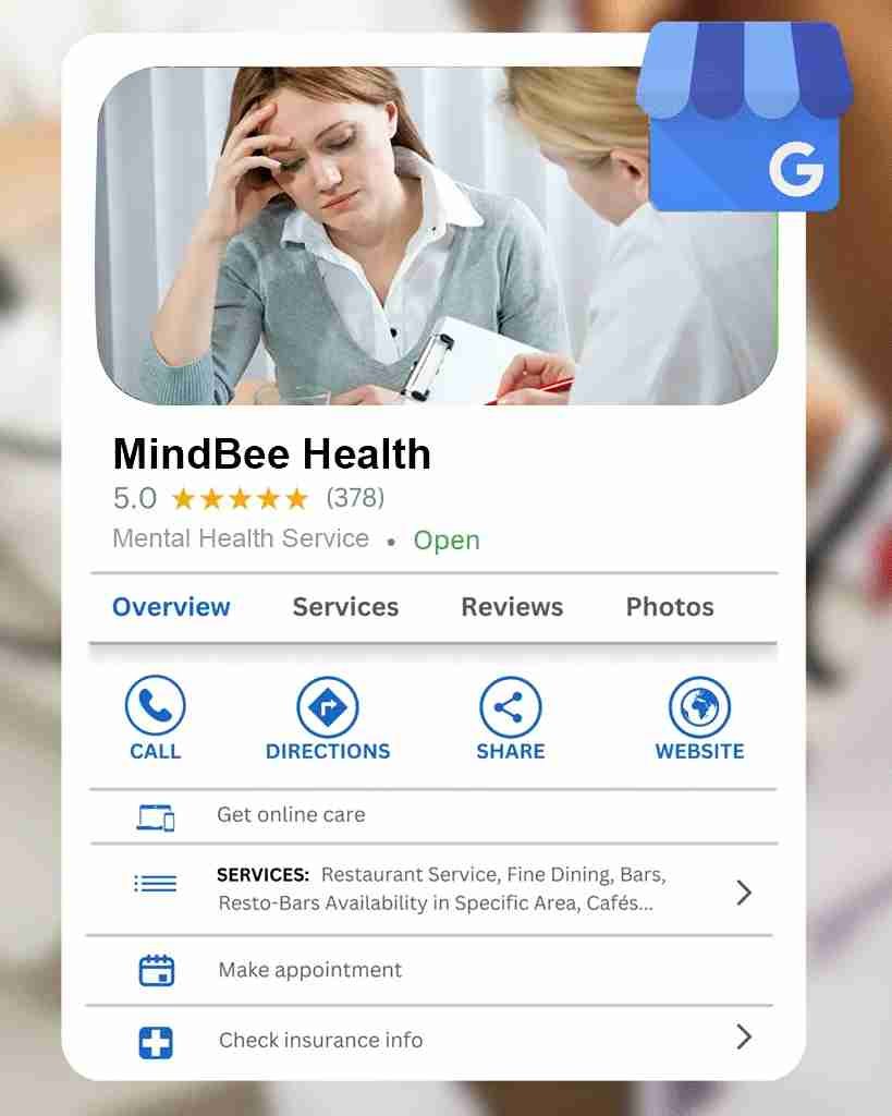 Optimized Google My Business listing for a mental health clinic showing 5-star reviews, online appointments, and local SEO features.