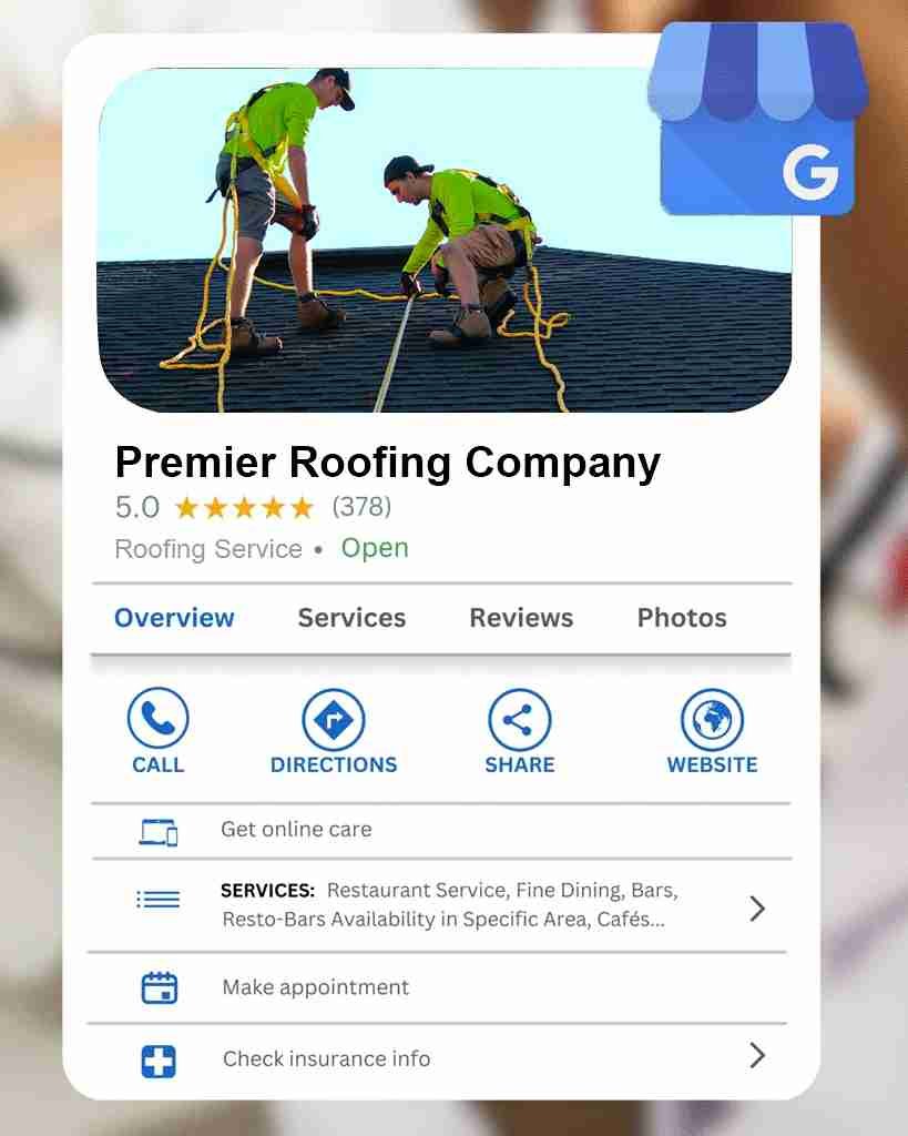Google Business Profile listing for a roofing company, showing reviews, services, and contact actions for local SEO.